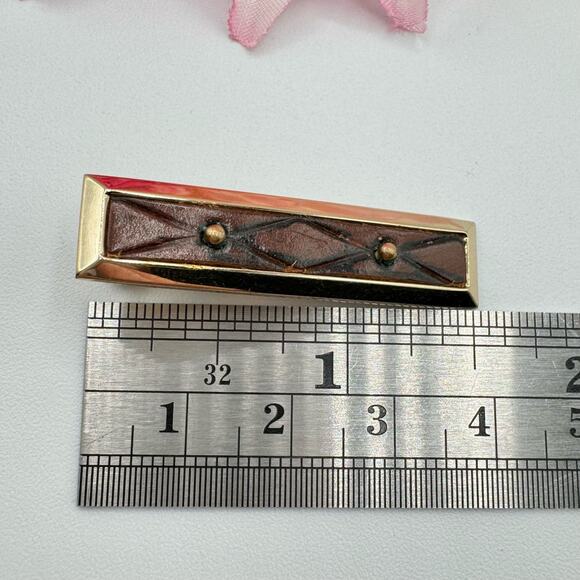 Vintage Hickok Quilted Leather Tie Clip Bar Rich Brown Gold Tone Classic Signed - Picture 8 of 10